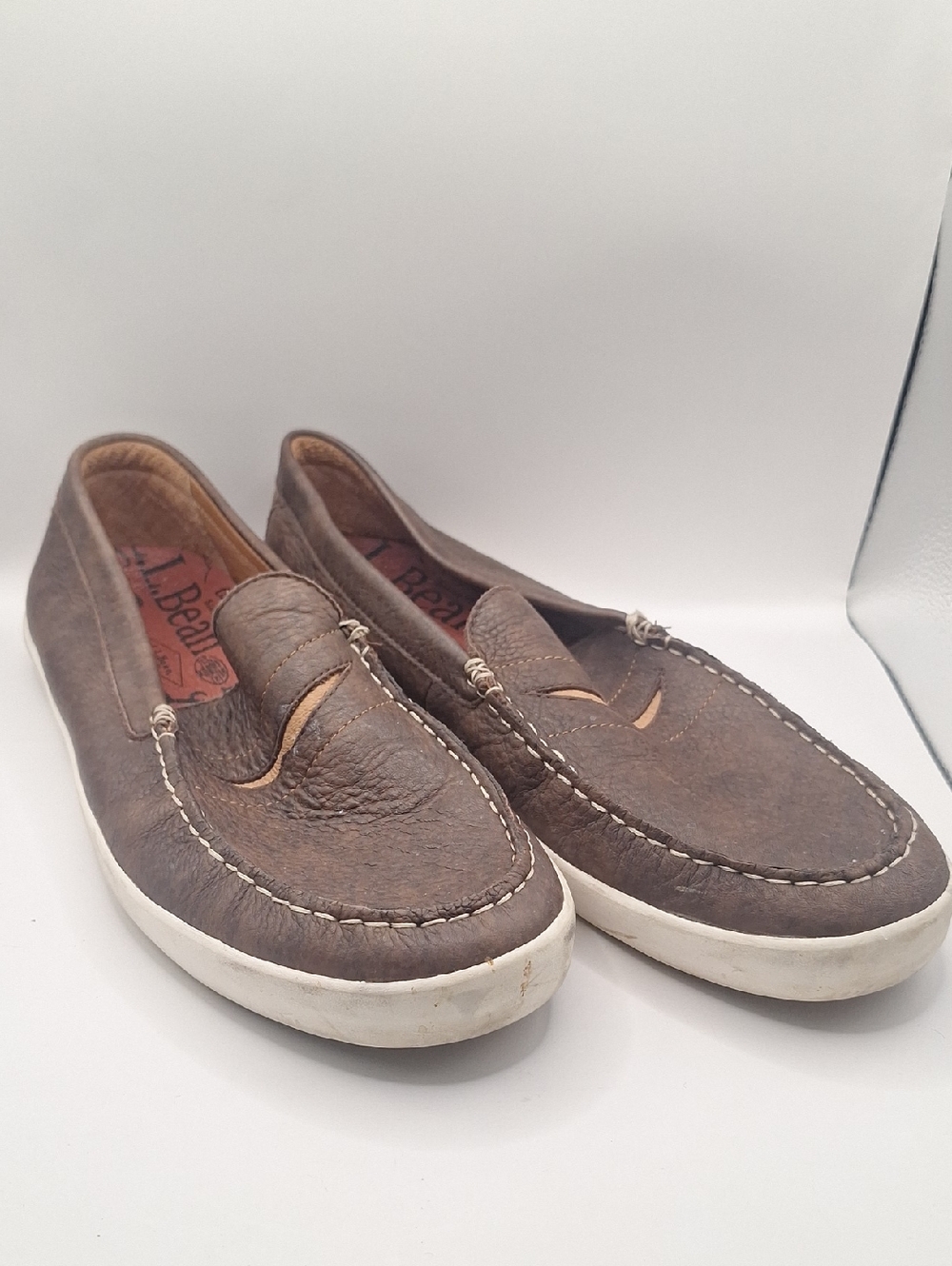 L.L. Bean Brown Pebbled Leather Slip-On Loafers with White Sole